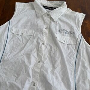 Harley-Davidson Womens White Dobby Stripe Sleeveless Snap Shirt Plus 3W Graphic